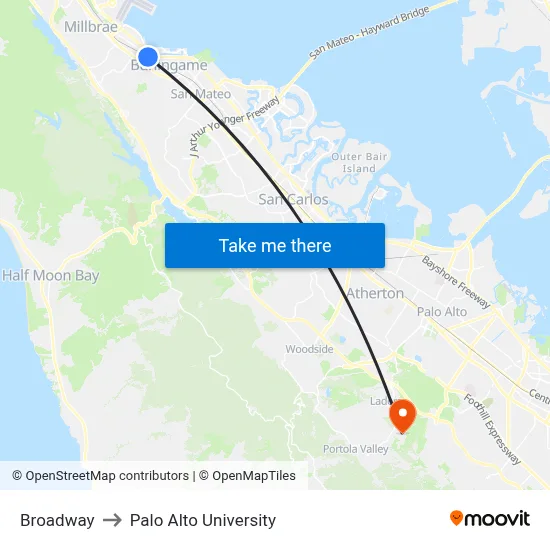 Broadway to Palo Alto University map