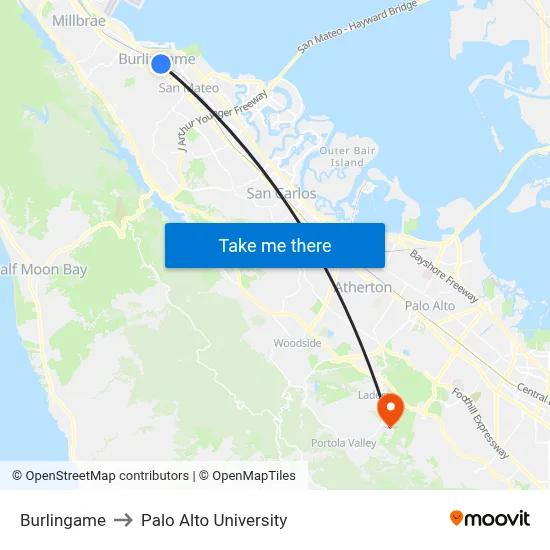 Burlingame to Palo Alto University map