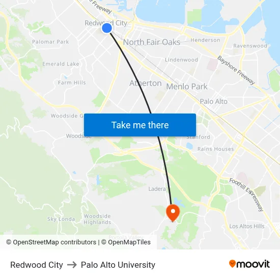 Redwood City to Palo Alto University map