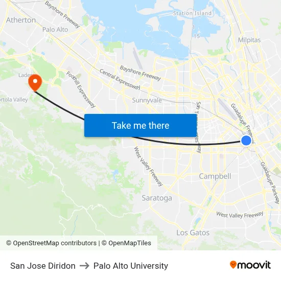 San Jose Diridon to Palo Alto University map