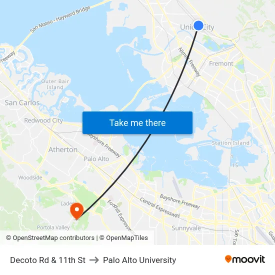 Decoto Rd & 11th St to Palo Alto University map
