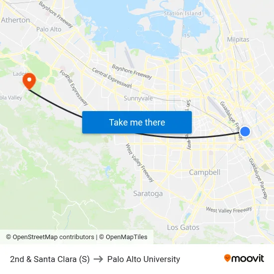 2nd & Santa Clara (S) to Palo Alto University map