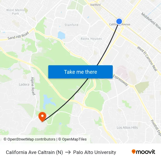 California Ave Caltrain (N) to Palo Alto University map