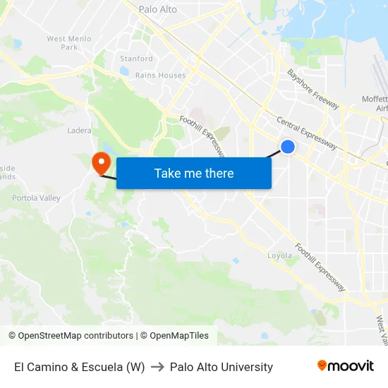 El Camino & Escuela (W) to Palo Alto University map
