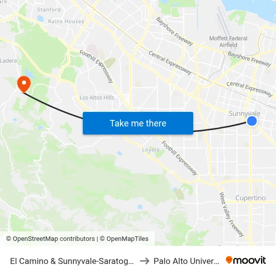 El Camino & Sunnyvale-Saratoga (E) to Palo Alto University map