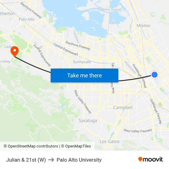 Julian & 21st (W) to Palo Alto University map