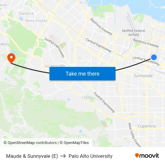 Maude & Sunnyvale (E) to Palo Alto University map