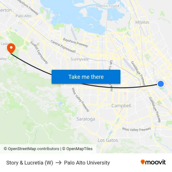 Story & Lucretia (W) to Palo Alto University map