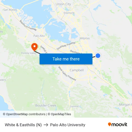 White & Easthills (N) to Palo Alto University map