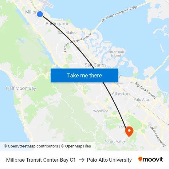 Millbrae Transit Center-Bay C1 to Palo Alto University map