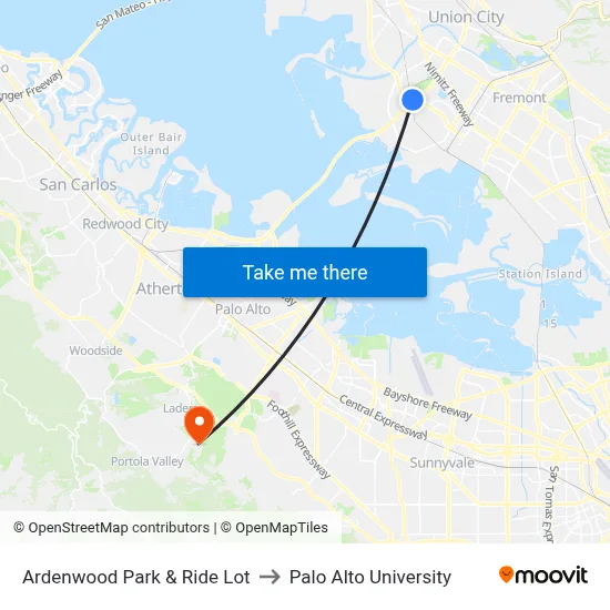 Ardenwood Park & Ride Lot to Palo Alto University map