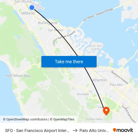 SFO - San Francisco Airport International to Palo Alto University map