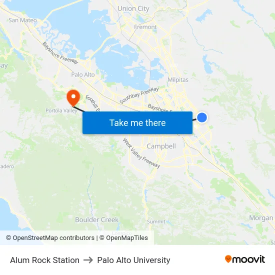 Alum Rock Station to Palo Alto University map
