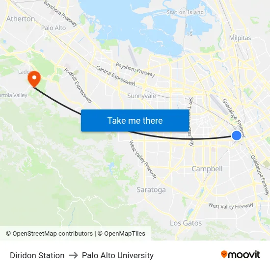 Diridon Station to Palo Alto University map