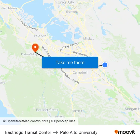 Eastridge Transit Center to Palo Alto University map