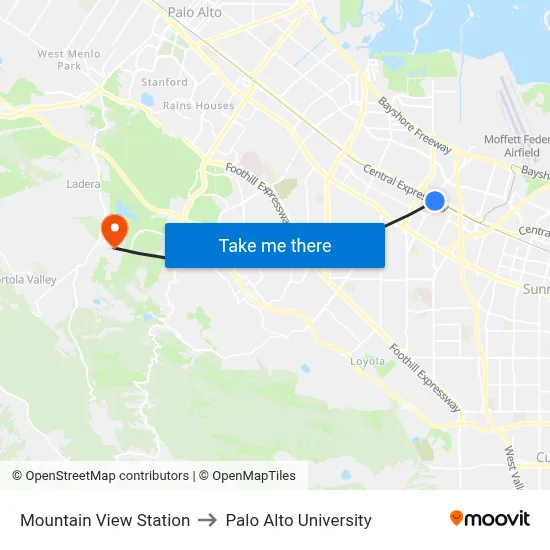 Mountain View Station to Palo Alto University map