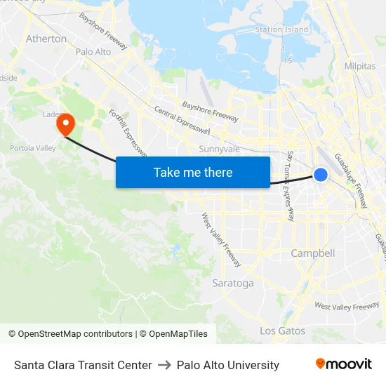 Santa Clara Transit Center to Palo Alto University map