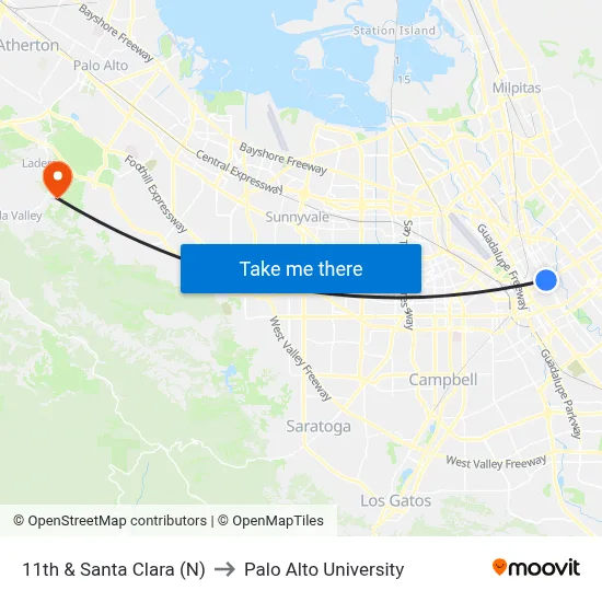 11th & Santa Clara (N) to Palo Alto University map
