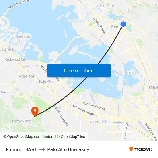 Fremont BART to Palo Alto University map