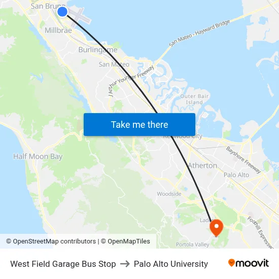West Field Garage Bus Stop to Palo Alto University map