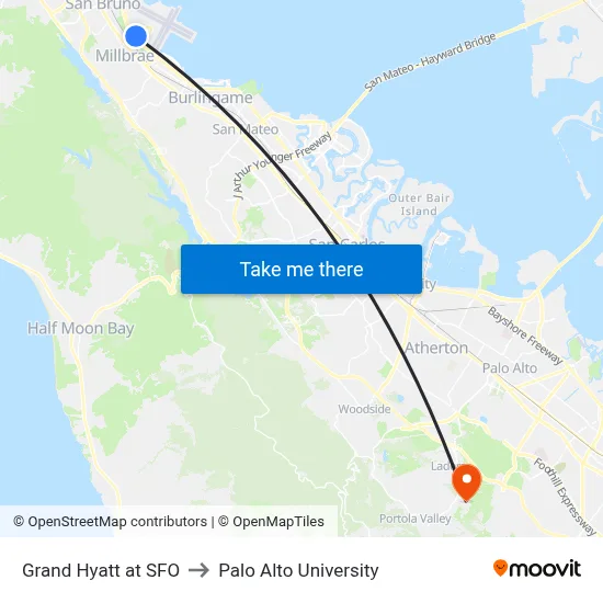Grand Hyatt at SFO to Palo Alto University map