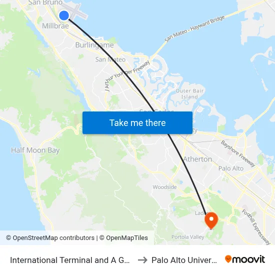 International Terminal and A Gates to Palo Alto University map