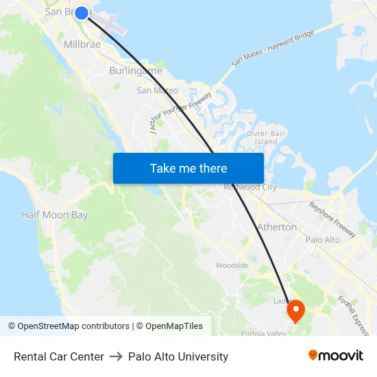 Rental Car Center to Palo Alto University map