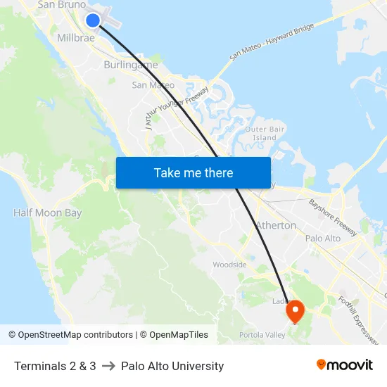 Terminals 2 & 3 to Palo Alto University map