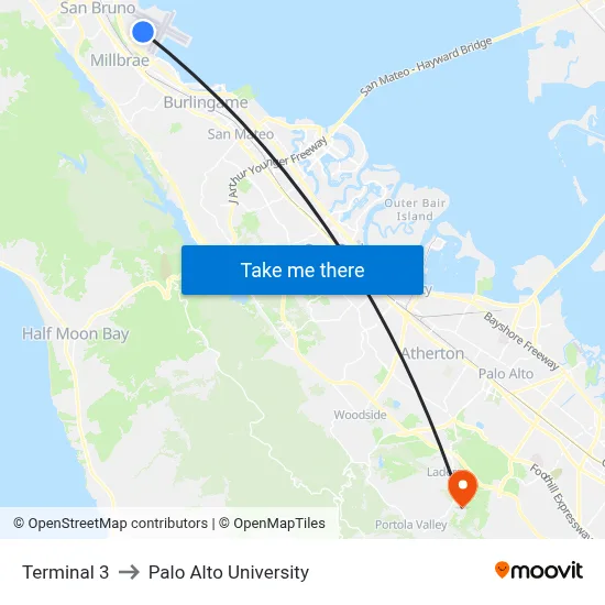 Terminal 3 to Palo Alto University map