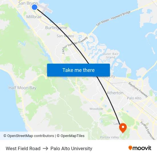 West Field Road to Palo Alto University map