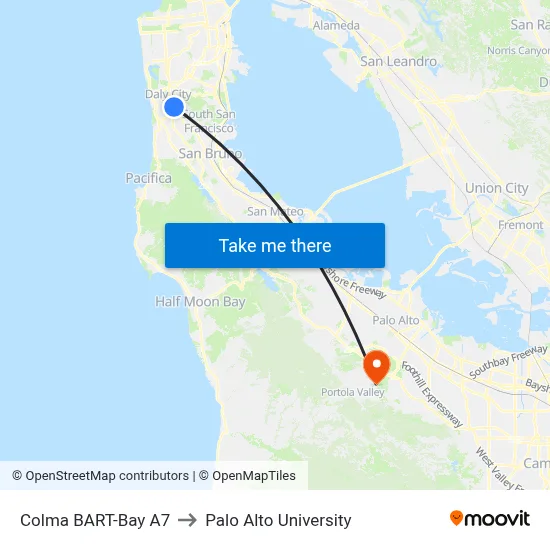 Colma BART-Bay A7 to Palo Alto University map