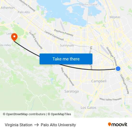 Virginia Station to Palo Alto University map