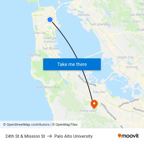 24th St & Mission St to Palo Alto University map