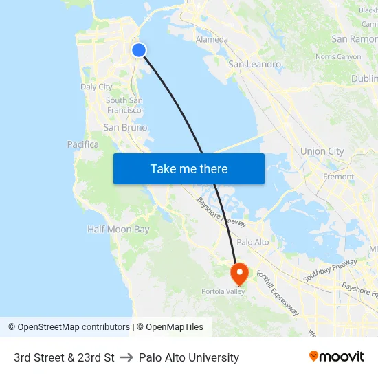 3rd Street & 23rd St to Palo Alto University map