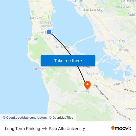 Long Term Parking to Palo Alto University map