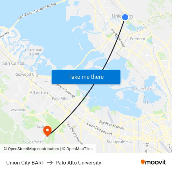 Union City BART to Palo Alto University map