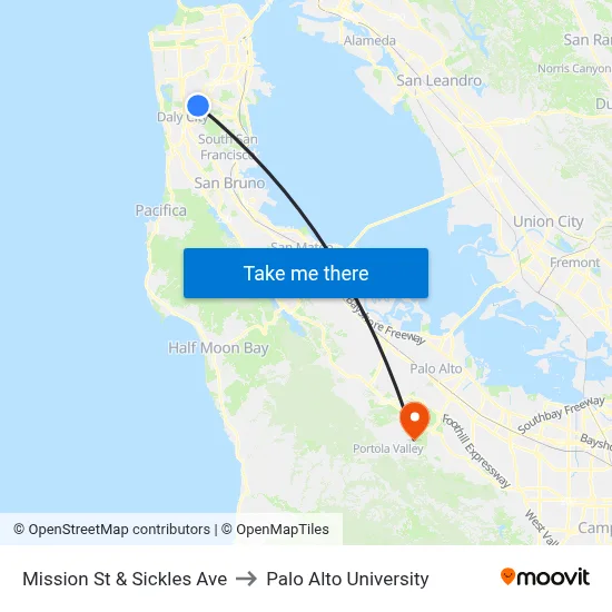 Mission St & Sickles Ave to Palo Alto University map