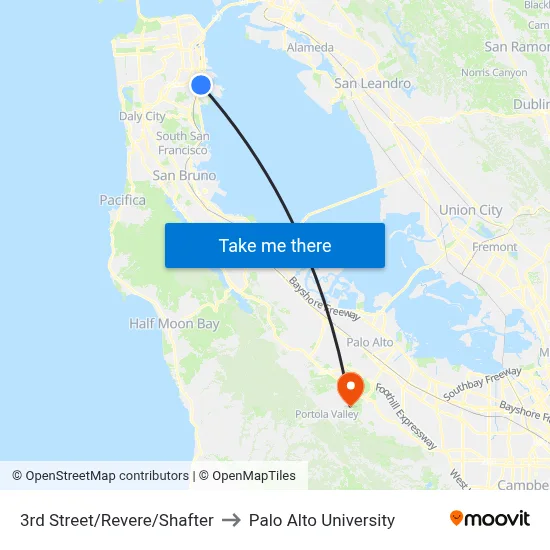 3rd Street/Revere/Shafter to Palo Alto University map