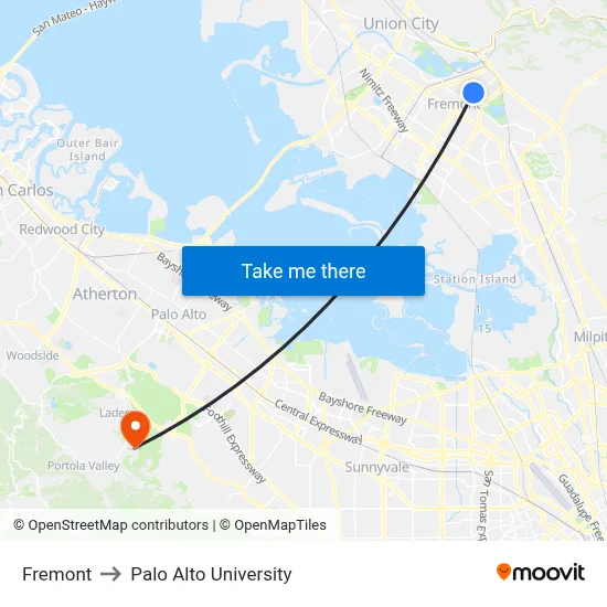 Fremont to Palo Alto University map