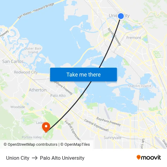 Union City to Palo Alto University map