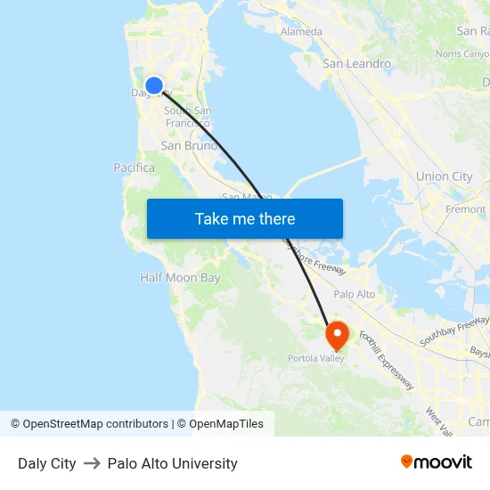 Daly City to Palo Alto University map