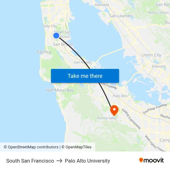 South San Francisco to Palo Alto University map