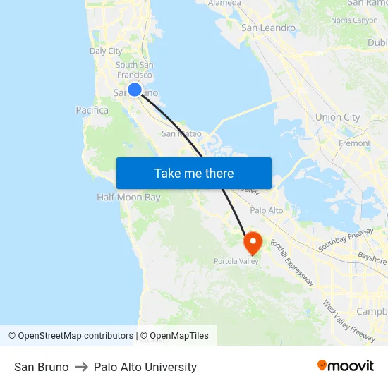 San Bruno to Palo Alto University map