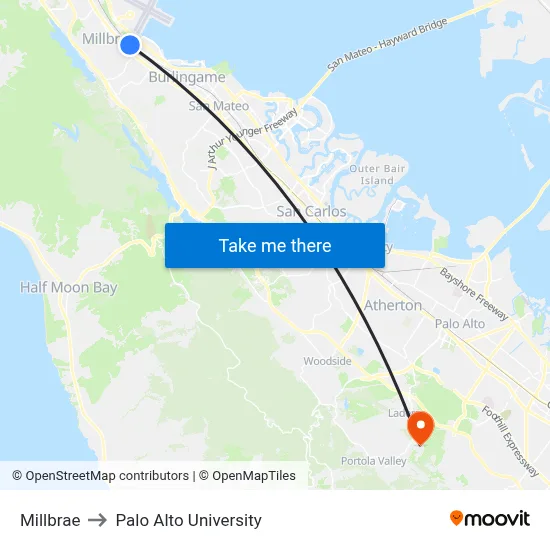 Millbrae to Palo Alto University map