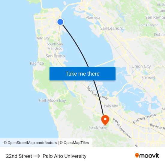 22nd Street to Palo Alto University map