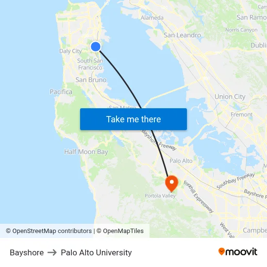 Bayshore to Palo Alto University map