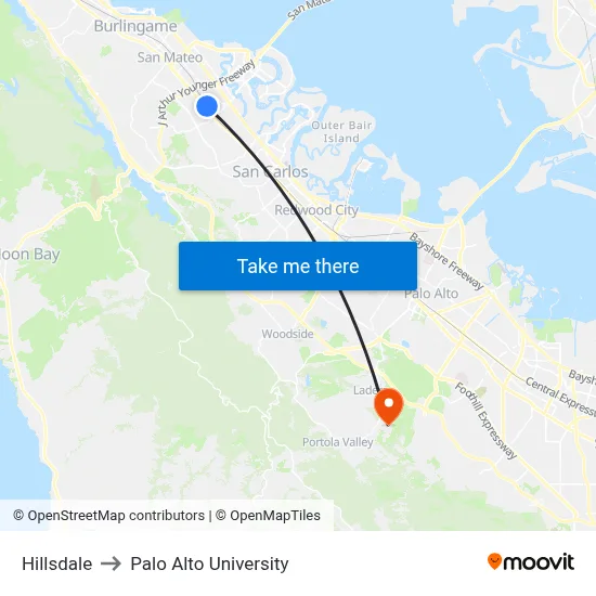 Hillsdale to Palo Alto University map