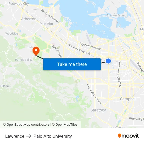 Lawrence to Palo Alto University map
