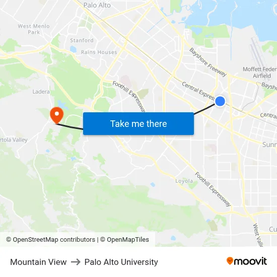 Mountain View to Palo Alto University map