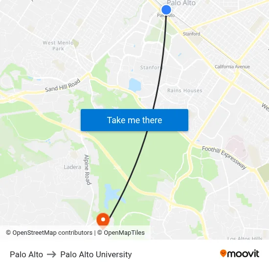 Palo Alto to Palo Alto University map